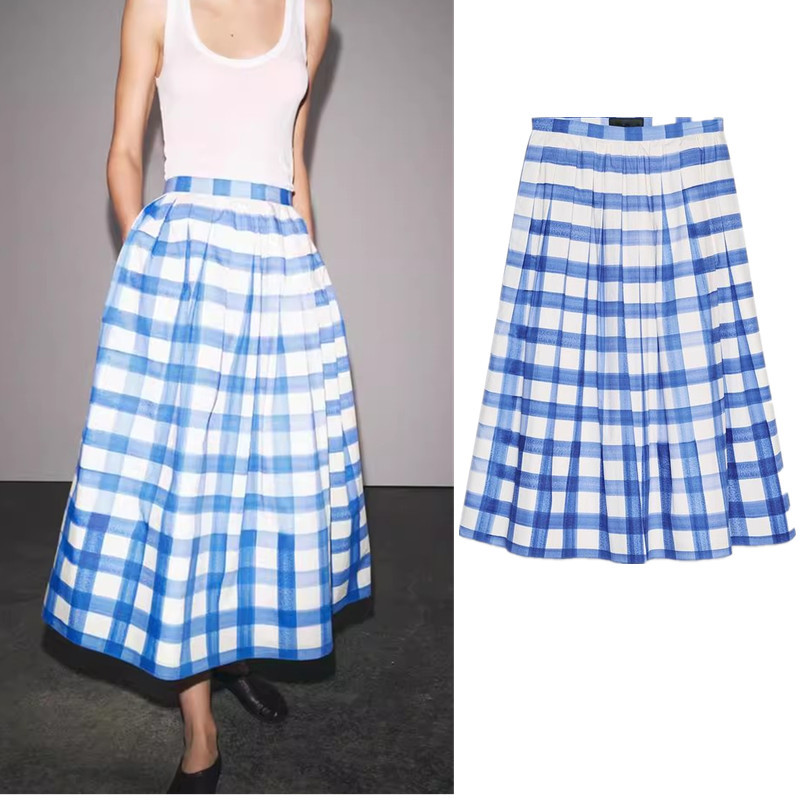 ZARA กระโปรงขลุ่ยพัดลมแฟชั่นเอวกลาง A-Line Hem ลายสก๊อตสีตัดกัน 3090102