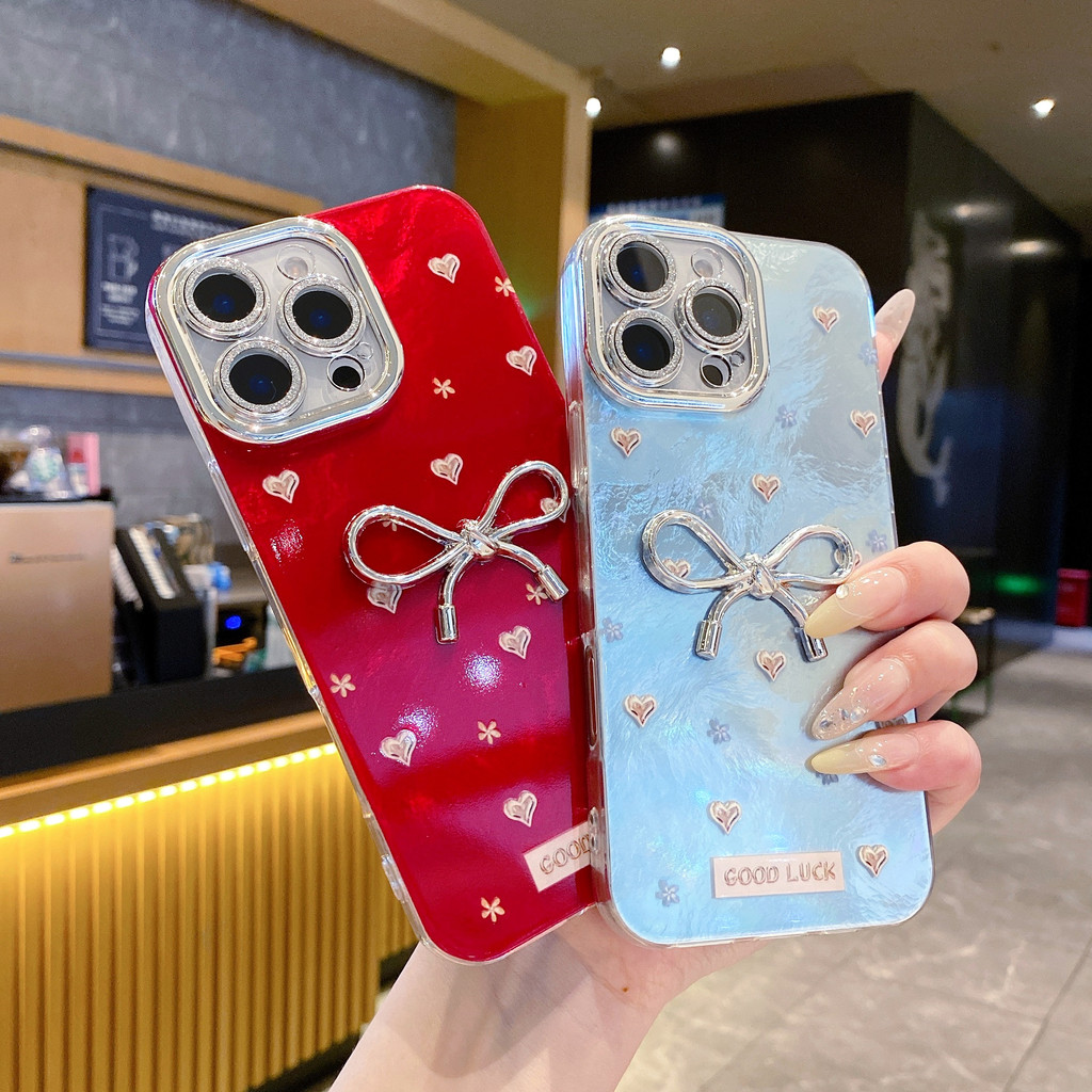 Glitter เลนส์ป้องกันฟิล์ม 3D Bowknot สีชมพู Blue Love Heart เคสโทรศัพท์สําหรับ iPhone 16 Pro Max 11 12 13 14 15 Promax 14Plus ผู้หญิงฝาครอบป้องกันมือถือ