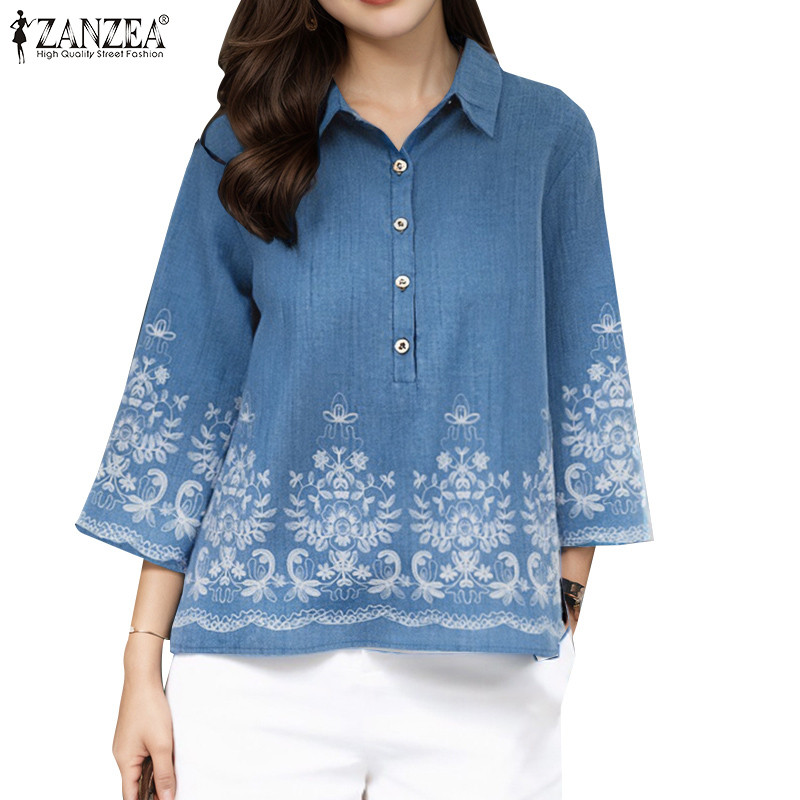 ZANZEA ใส่ ซานเซีย ผู้หญิงย้อนยุคเกาหลีเปิดลงปกดอกไม้พิมพ์3/4แขนสํานักงานเสื้อหลวม