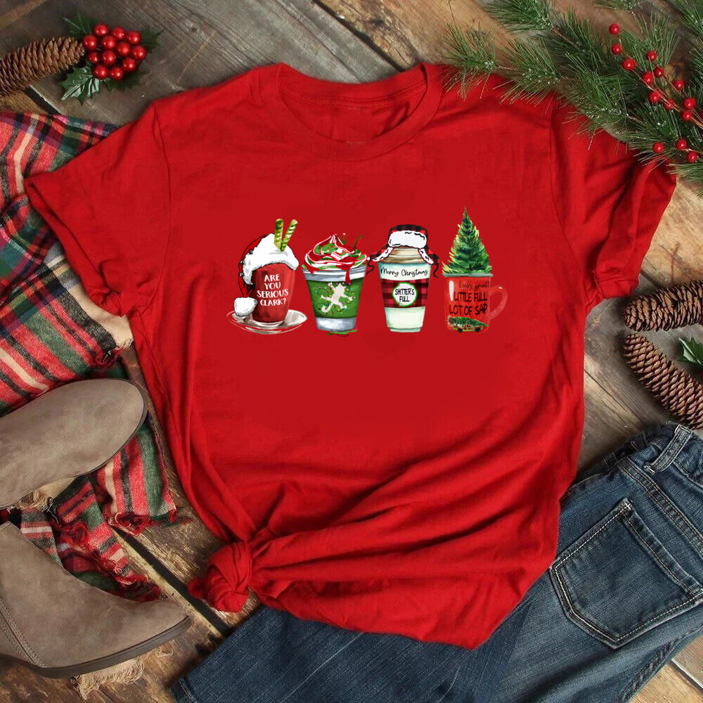 Merry Christmas Coffee T Shirt เสื้อยืดคอกลมสีแดงพิมพ์ลายถ้วยกาแฟ