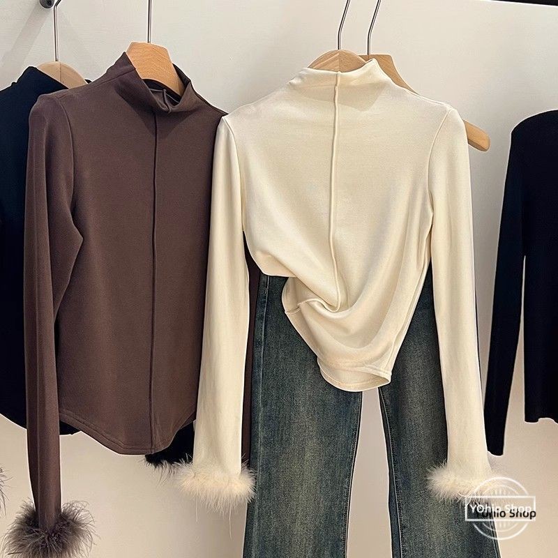 เสื้อฐานคอสูงทรงเข้ารูปสําหรับฤดูใบไม้ร่วงและฤดูหนาวของผู้หญิง