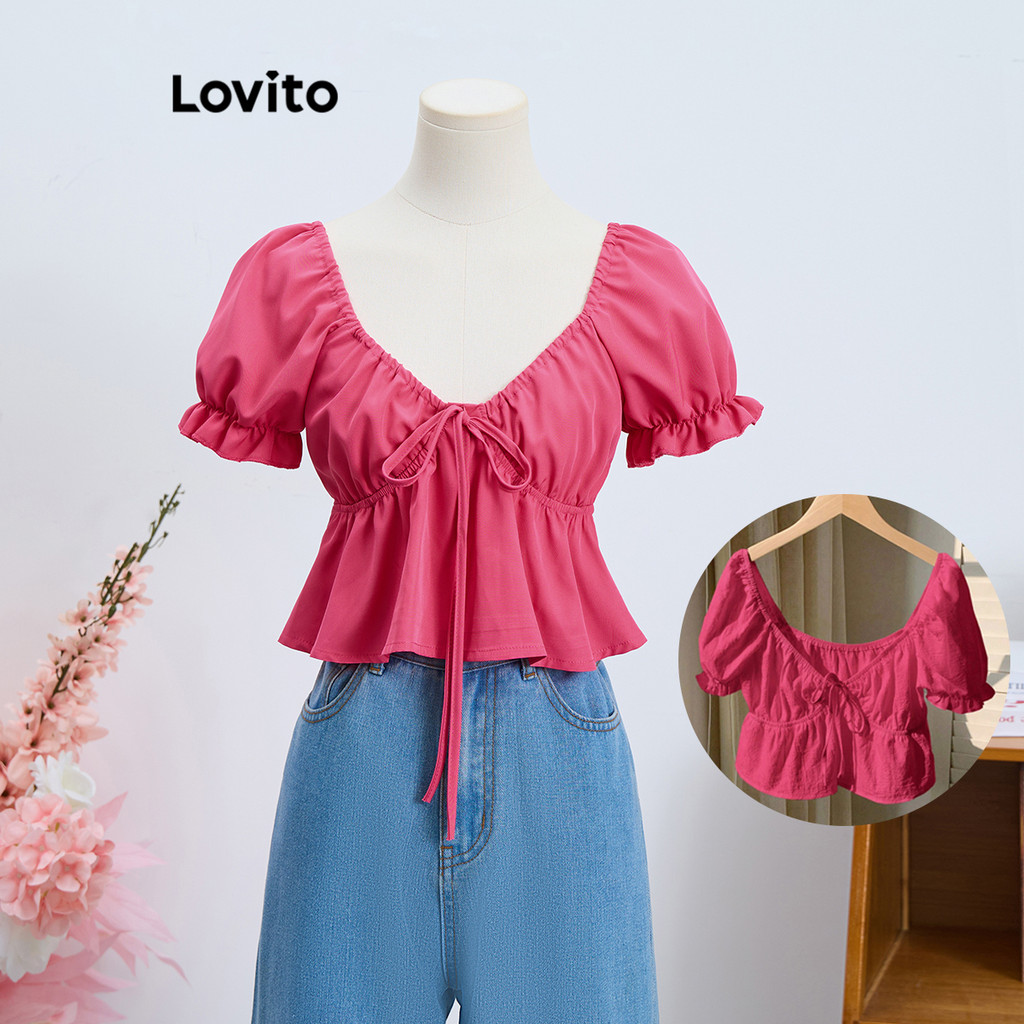 Lovito เสื้อเบลาส์ผูกเชือกแบบลำลองสำหรับผู้หญิง L108ED364