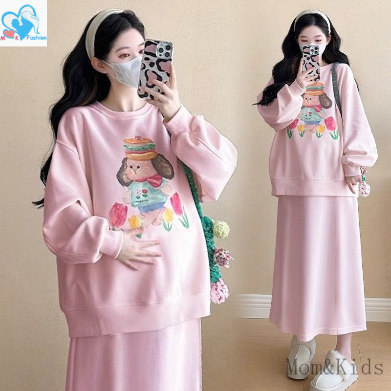 แม่ & เด็กชุดคลุมท้องฤดูใบไม้ร่วงแฟชั่นตั้งครรภ์ชุดสองชิ้นหลวมสบายๆคลอดบุตรเสื้อกันหนาว + กระโปรงตั้งครรภ์