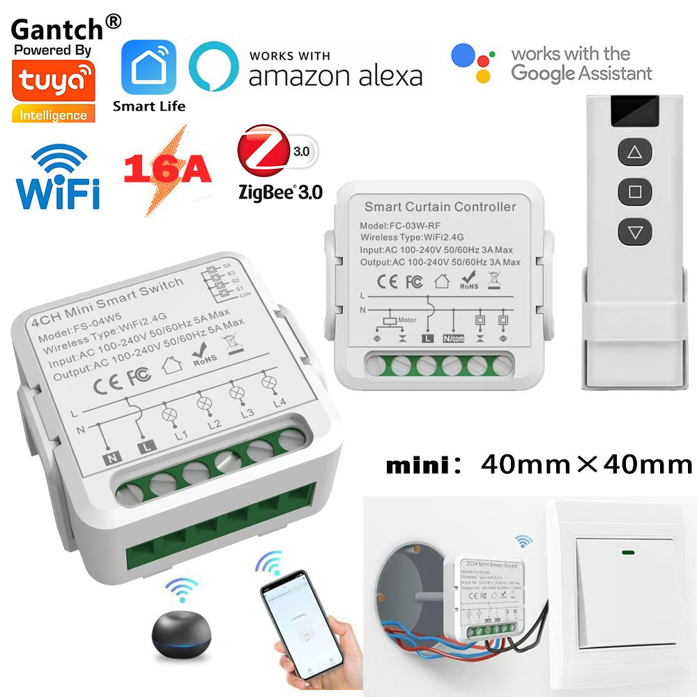 สวิตช์ Wifi สมาร์ท Tuya 16A Mini ผ้าม่าน Dimmer เบรกเกอร์สนับสนุน Smart Life APP ทํางานร่วมกับ Google Home Alexa Zigbee