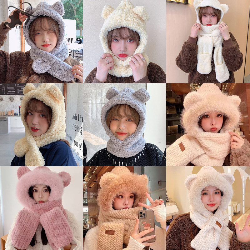 Lishu ฤดูหนาวน่ารักหมีหูหมวกตุ๊กตาหูผ้าพันคออุ่นถุงมือชุดหมวกสําหรับผู้หญิงสาว Bonnet Femme th