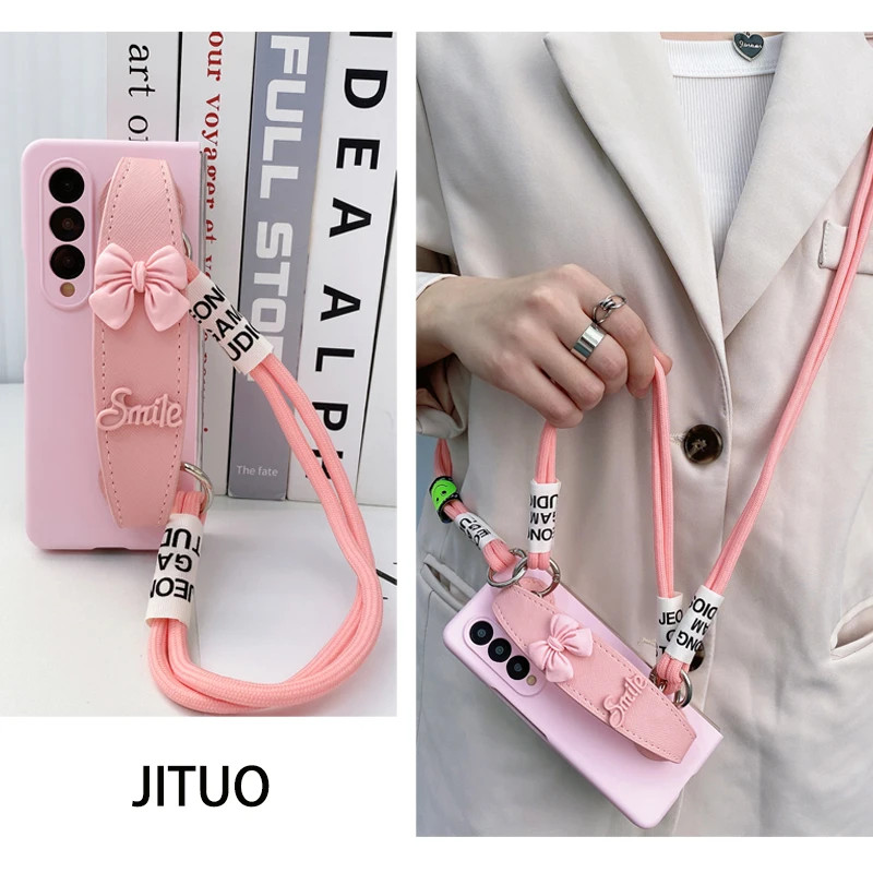 SAMSUNG แฟชั่นน่ารักหวานโบว์สายรัดข้อมือcrossbody Lanyard Hand ChainสีชมพูMatteผิวเคสโทรศัพท์สําหรับSamsung Galaxy Zพับ 6 5 4 3 2 zfold6 5G