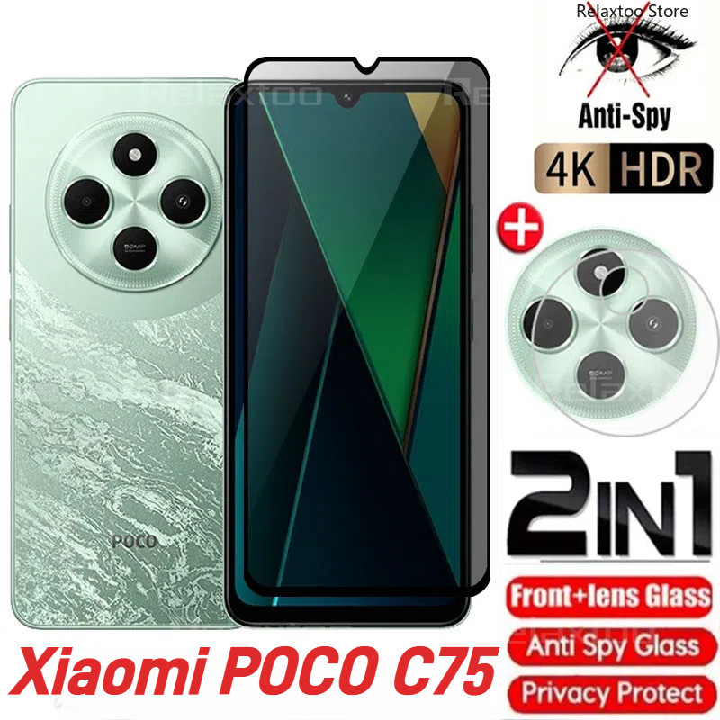 2IN1 ความเป็นส่วนตัวหน้าจอป้องกันกระจกโทรศัพท์ฟิล์มสําหรับ Xiaomi Poco C85 C75 C71 C65 C 75 PocoC85 PocoC75 4G 5G โค้ง Anti Spy หน้าจอด้านหน้าปกป้องกระจกนิรภัยกล้องด้านหลังฟิล์มโทรศัพท์