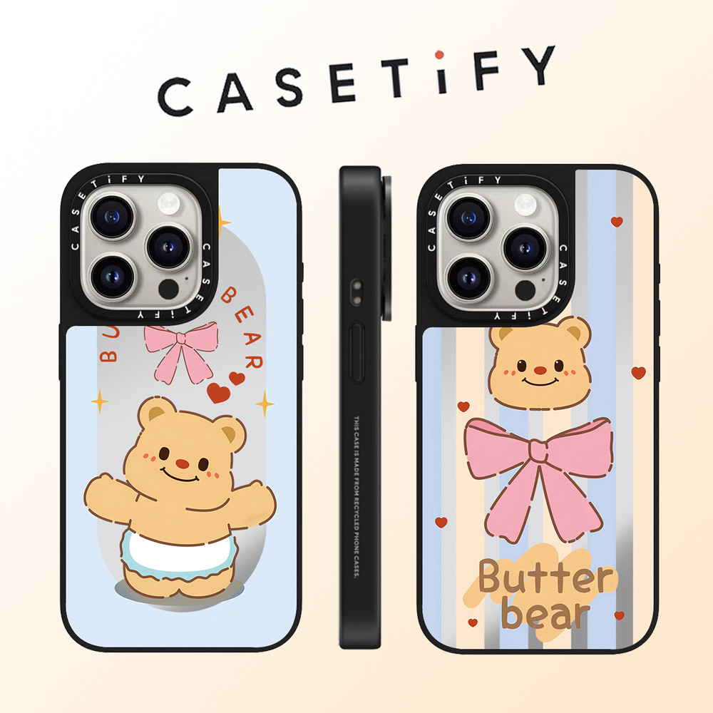 Casetify น่ารักโบว์หมีเนยคุกกี้กระจกใบหน้าเคสโทรศัพท์สําหรับiPhone 16 Pro Max 15 Plus 14 ProMax 13 12Pro 11 โทรศัพท์กันกระแทกขอบนุ่มฮาร์ดป้องกันกรณี