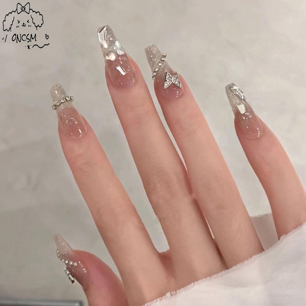 เล็บแบบกดยาวพิเศษสีเงินประดับ Rhinestones เล็บเทียม