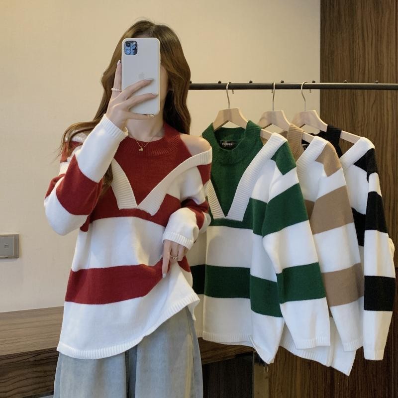DODO#เสื้อไหมพรมแขนยาว เสื้อไหมพรมถักลายริ้ว ทรงหลวม แขนยาวเปิดไหล่สไตล์เกาหลีเกาใจเว้าไหล่ รุ่น1138 Clothing Lady Women