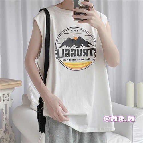 ผู้ชายหลวมกีฬาเสื้อยืดแขนกุดพิมพ์เสื้อกั๊กกีฬา