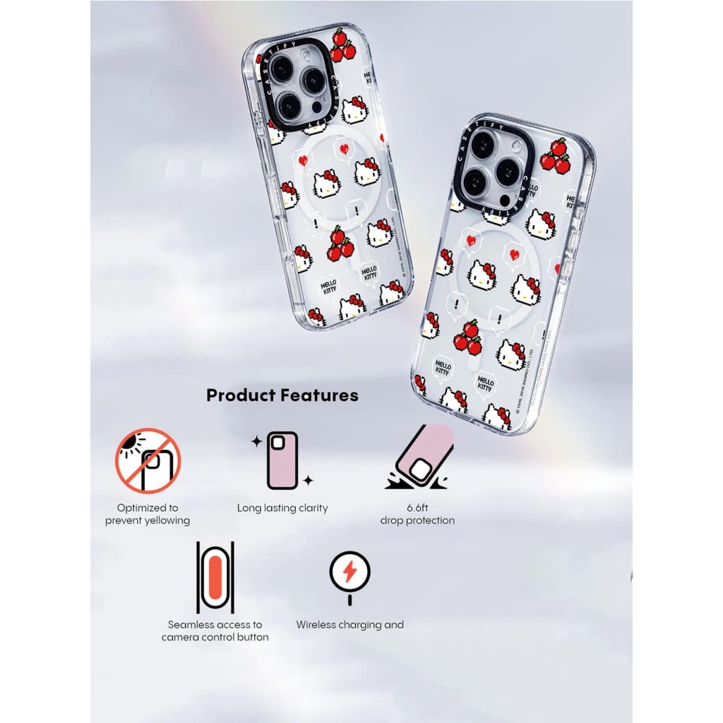 Casetify X HelloKitty เชอร์รี่แม่เหล็กดูดอะคริลิคใสกลับ TPU Edge กรณีเคสโทรศัพท์ Impact สําหรับ Apple IPhone 13 14 15 16 Pro Max