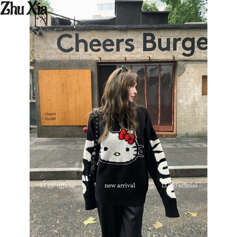 Zhu Xia เสื้อสเวตเตอร์คอกลมผู้หญิง New Kitty การ์ตูน Graffiti หลวมเหมาะสําหรับสวมใส่ทุกวันเสื้อกันหนาว