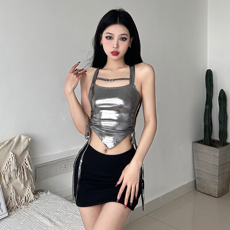 Kliou INS Cool Street สไตล์ Silver Shining Cross Hollow Camisoles Slim Fit Drawstring ยืดถังเสื้อลําลองเสื้อกั๊กผู้หญิง