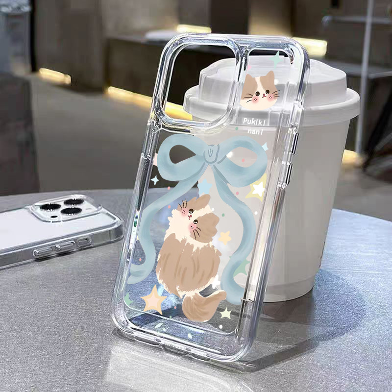 TPU ปุ่มชุบไฟฟ้า เคสไอโฟน นิ่มกันกระแทก เคสโทรศัพท์ iPhone 11 12 13 14 15 Pro Max XR XS X 7 8Pคันธนูและคิตตี้