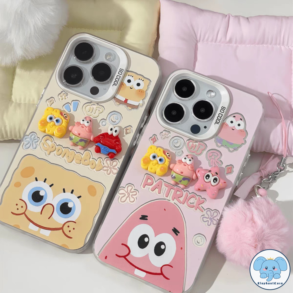 การ์ตูน SpongeBob DIY 3D Doll เข้ากันได้เคสไอโฟน 16 11 15 14 12 13 Pro Max X XS XR Max 8 7 Plus SE 2020 ซิลิคอนแข็งเคส