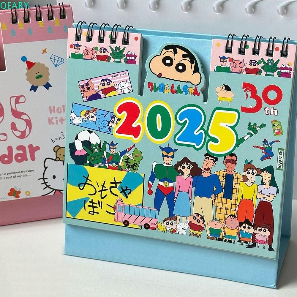 Qeary 2025 ปฏิทินตั้งโต๊ะ ขาตั้งตาราง Flip ปฏิทินเครยอนชินจัง น่ารักรายวัน รายเดือน To Do List Kitty Melody Agenda Organizer Decor