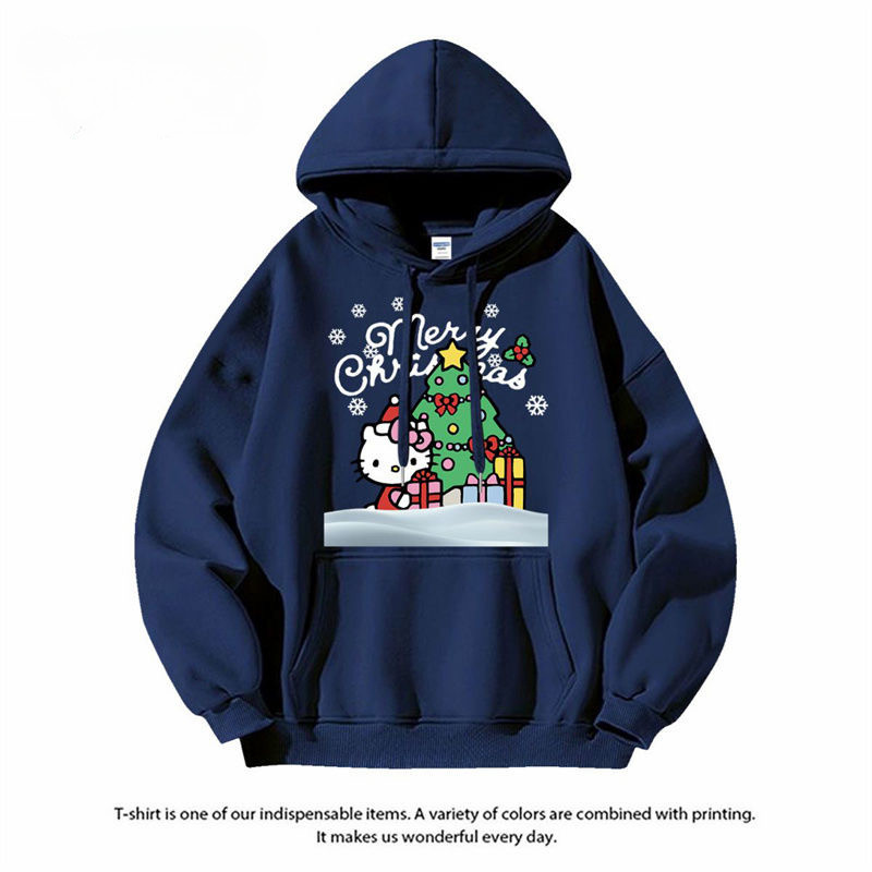 พร้อมส่ง M-8XLเสื้อฮู้ด 2025 ใหม่สไตล์อเมริกัน Christmas Series Hello Kitty พิมพ์กํามะหยี่หนารอบคอผ้าฝ้าย Hoodies ผู้ชายแฟชั่นแบรนด์หลวม Unisex เสื้อกันหนาว