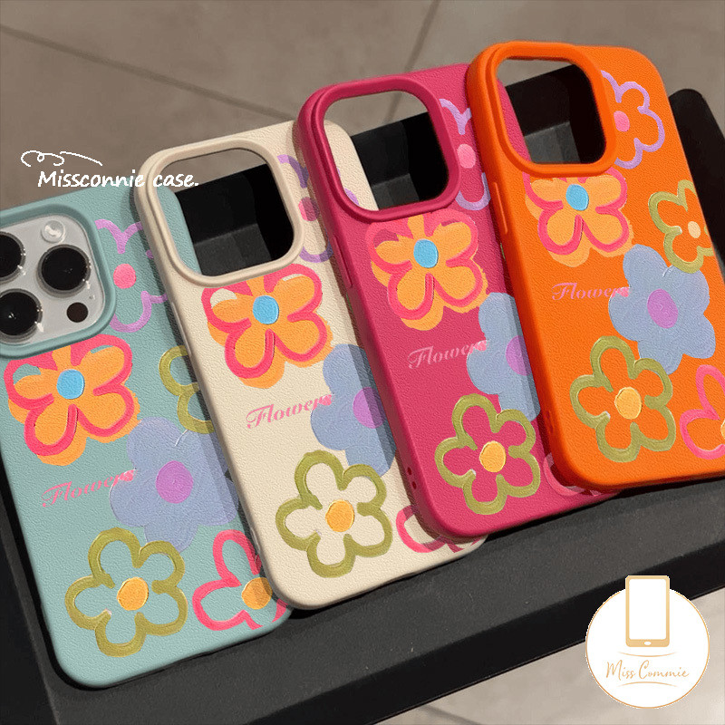การ์ตูนดอกไม้น่ารักสีดอกไม้ภาพวาดสําหรับ IPhone 11 16 13 15 12 14 Pro Max XR X XS Max 15 14 16 Plus หรูหราผิวรู้สึกหนังเนื้อนุ่ม Ins Dopamine ฝาครอบ