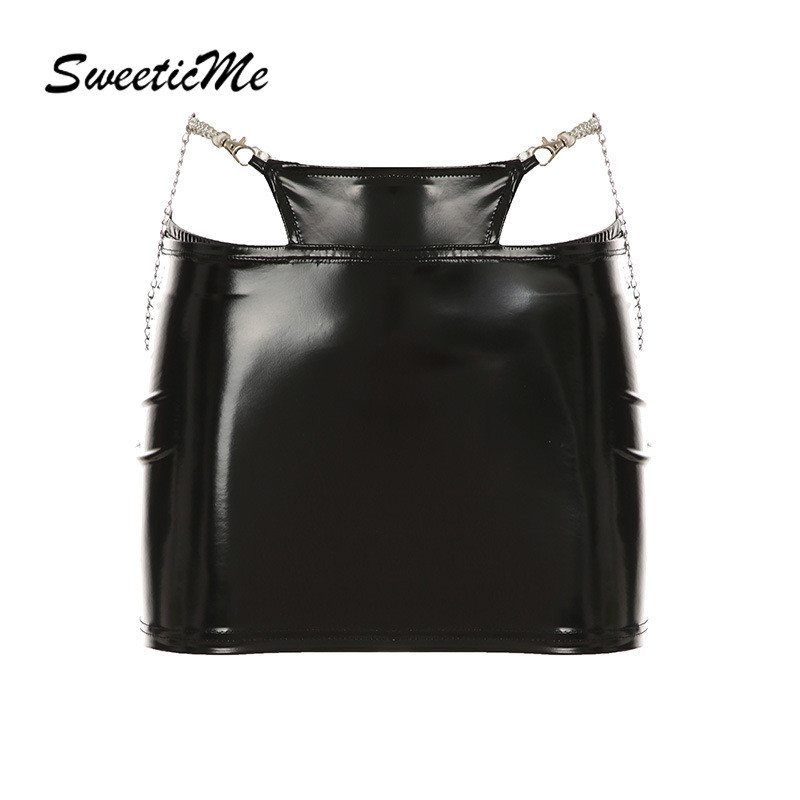 Sweeticme ผู้หญิง 2024 ฮาโลวีนแฟชั่นใหม่หนังเซ็กซี่ Hollow Chain ต่ําเอวกระโปรงมินิ