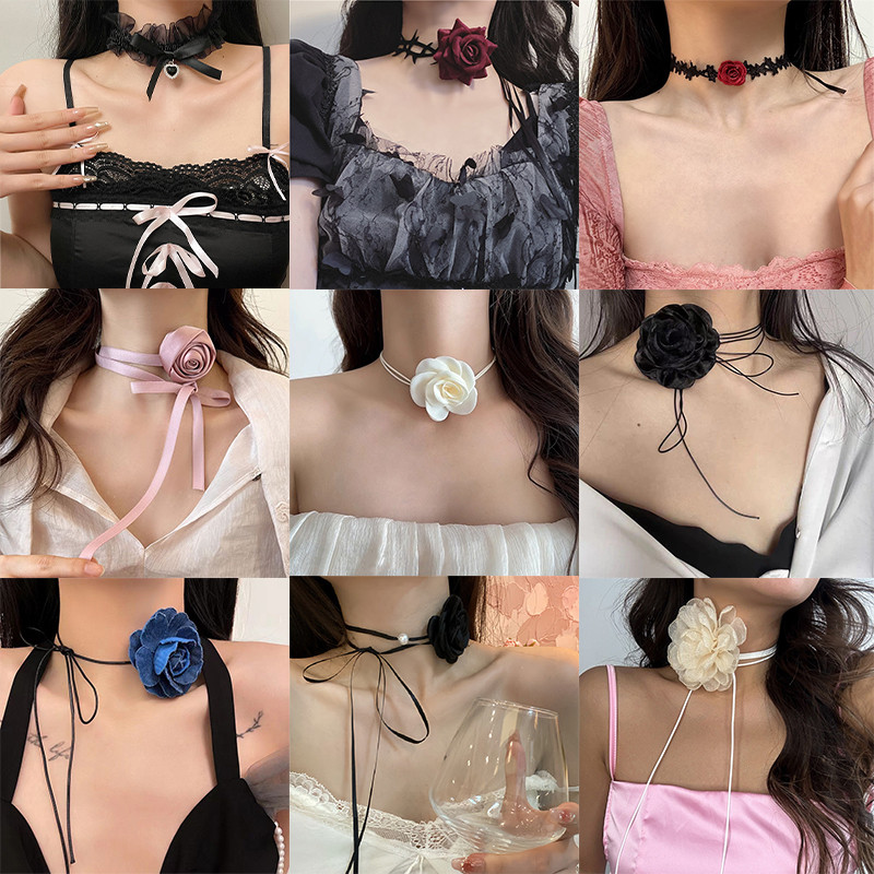 ตาข่าย Camellia สร้อยคอ Pure Lust สไตล์อารมณ์หรูหรา Choker แฟชั่นคอปกอเนกประสงค์