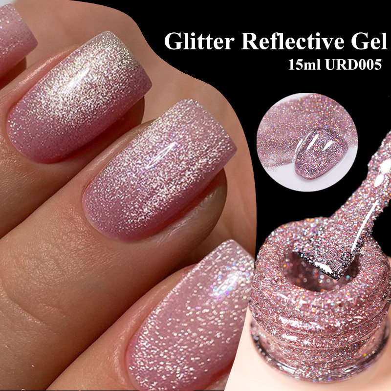 Ur SUGAR 15ml เงินสีชมพูสะท้อนแสง Glitter เล็บเจล Glitter Sparkling เคลือบเงากึ่งถาวร Soak Off UV เจลเล็บ