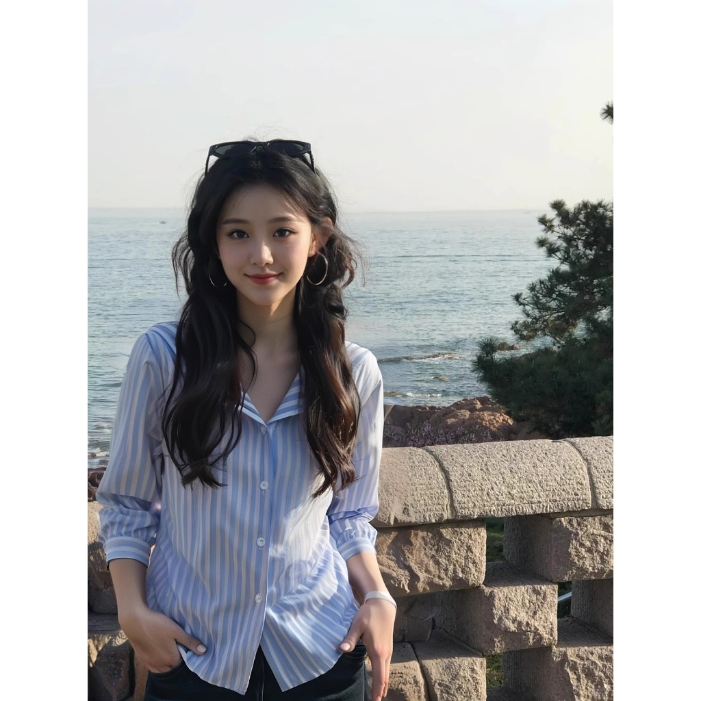 CTB410 เสื้อเชิ้ตผู้หญิง ลายทางคอปกสวยๆ  คลาสสิก อก38 สีฟ้า ฟรีไซส์ สวยมากแฟชั่นฤดูร้อน ส่งไวจากไทย