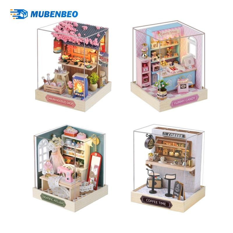 [mubenbeo] บ้านตุ๊กตาจิ๋วชุดปริศนา 3 มิติพร้อมไฟมินิบ้านแฮนด์เมดโมเดลบ้านตุ๊กตาไม้สําหรับของขวัญวันเ