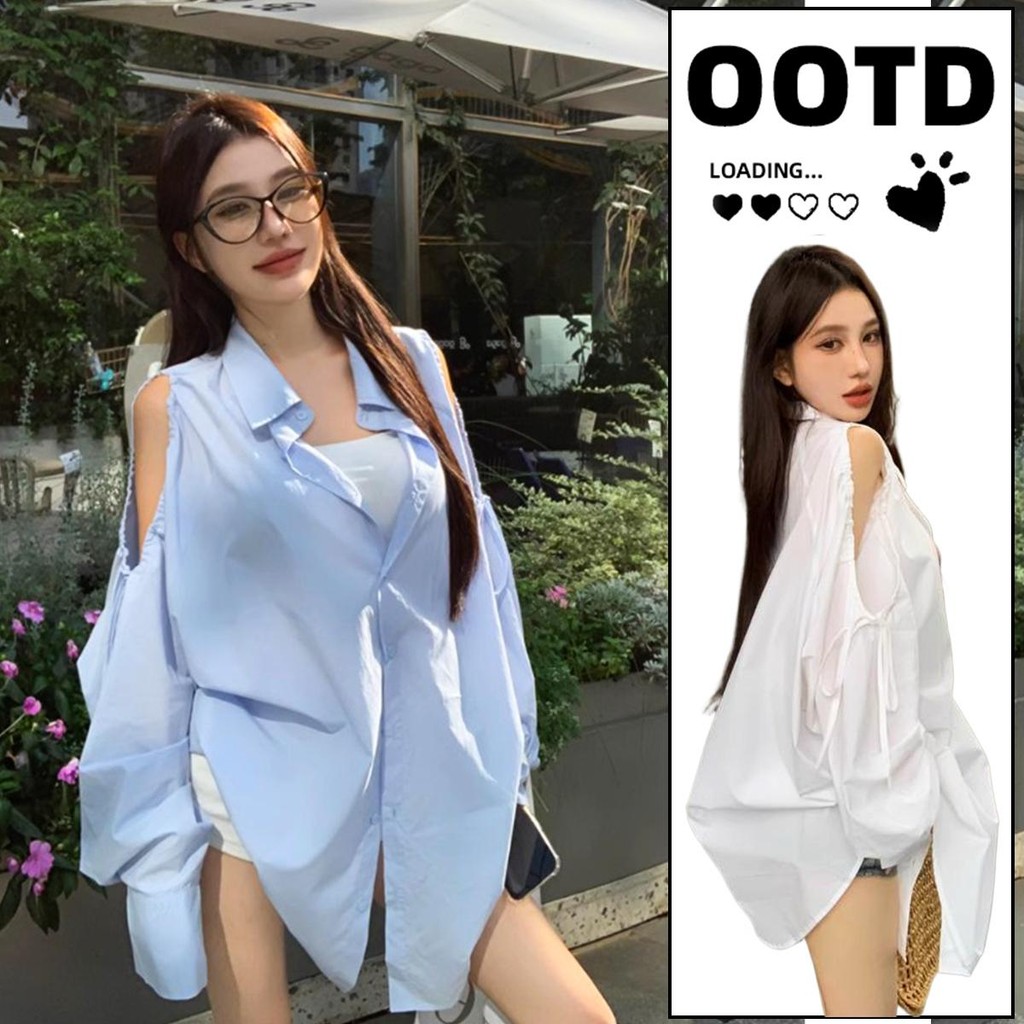 KOKO#เสื้อเชิ้ตแขนยาวแฟชั่นสตรี กันแดด ปิดไหล่ เสื้อสีฟ้าเซ็กซี่ ความยาวปานกลาง ไซส์ใหญ่หลวม#W471