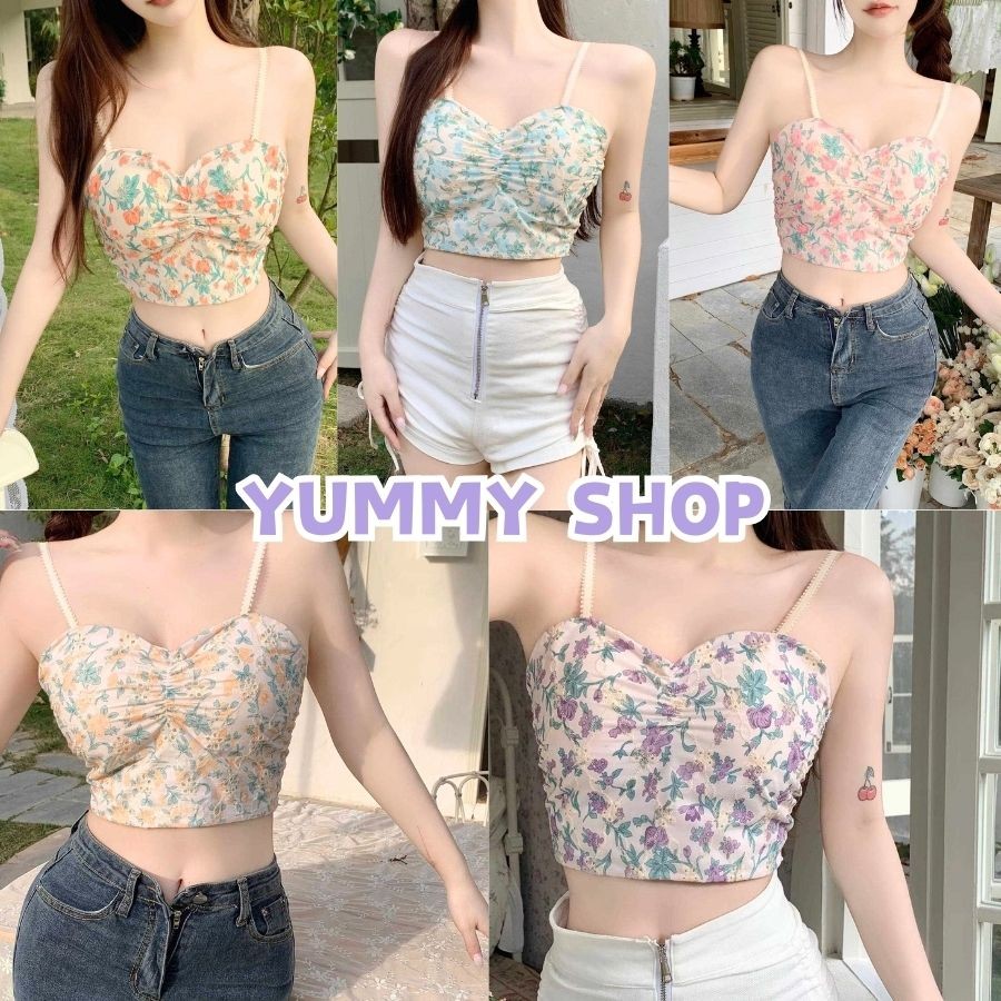 Yummy Shop พร้อมส่ง【19100】เสื้อสายเดี่ยวลายดอกไม้เต็มตัว มีฟองน้ำในตัว น่ารักมาก -H