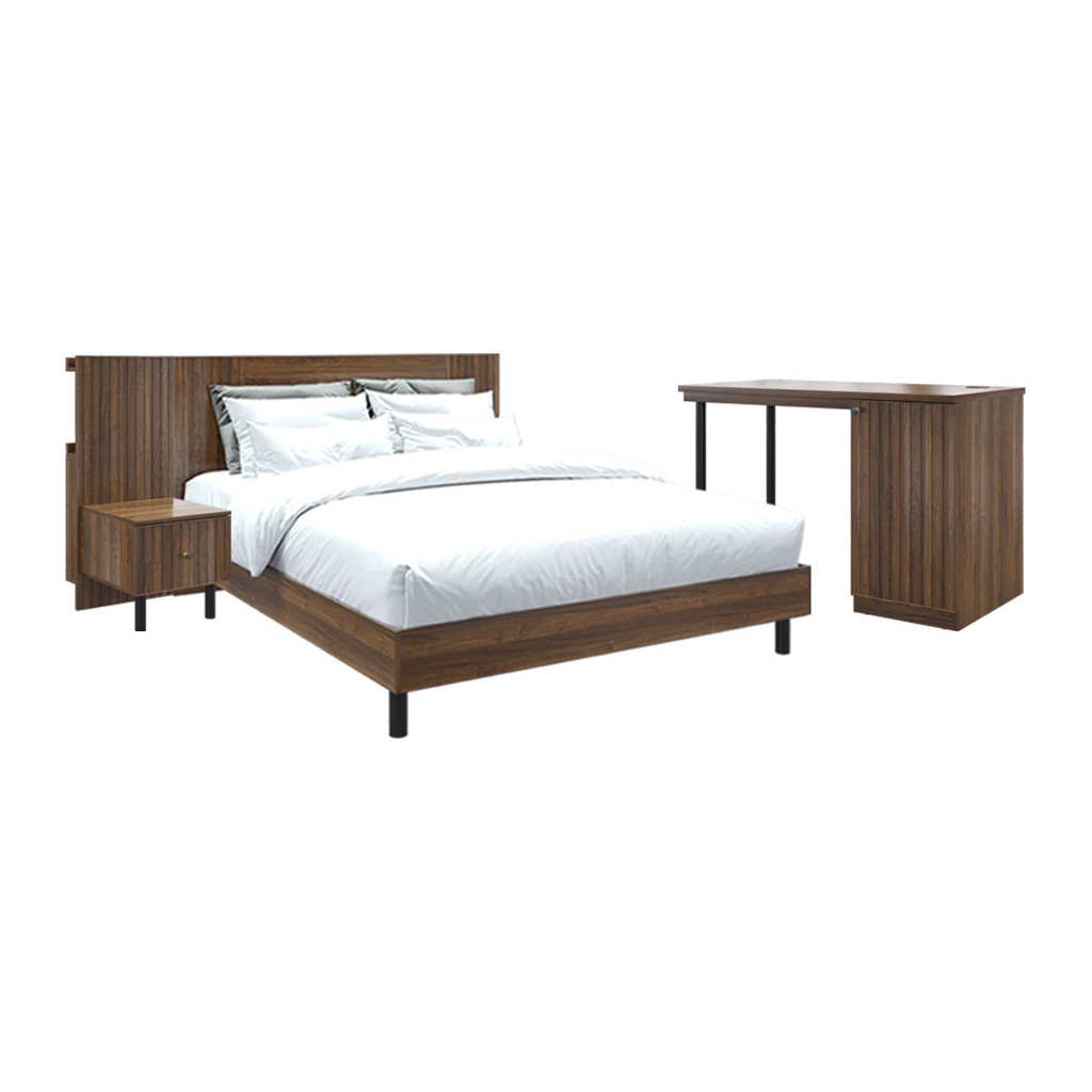 SB Design Square ชุดห้องนอน 5 ฟุต รุ่น Kumamoto & โต๊ะข้างเตียง & โต๊ะทำงาน สีไม้เข้ม  แบรนด์ KONCEP