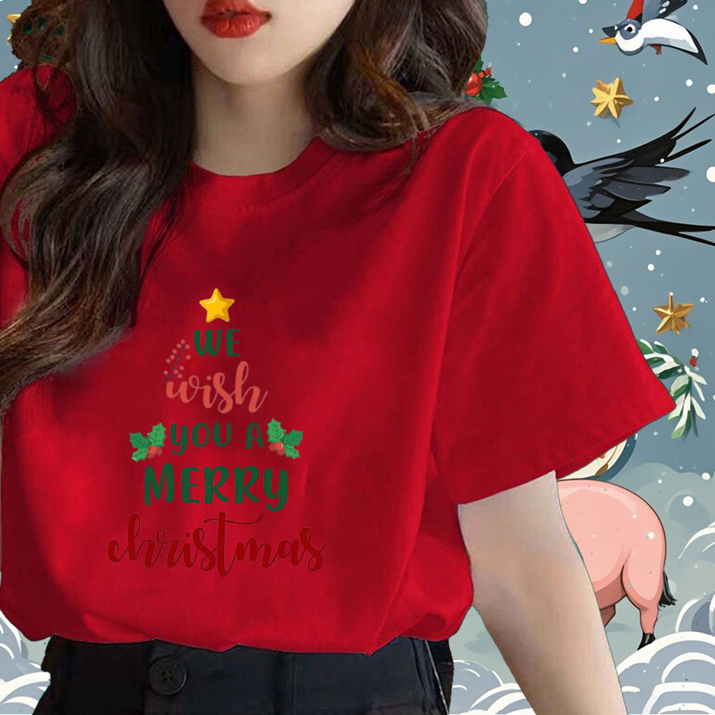 (จัดส่งตลอด 24 ชั่วโมง）OOOK Official 【โปรโมชั่นคริสต์มาส】เสื้อยืดสั้นผ้าไหมสำหรับผู้หญิง ที่มีธีมคริสต์มาส T176RD