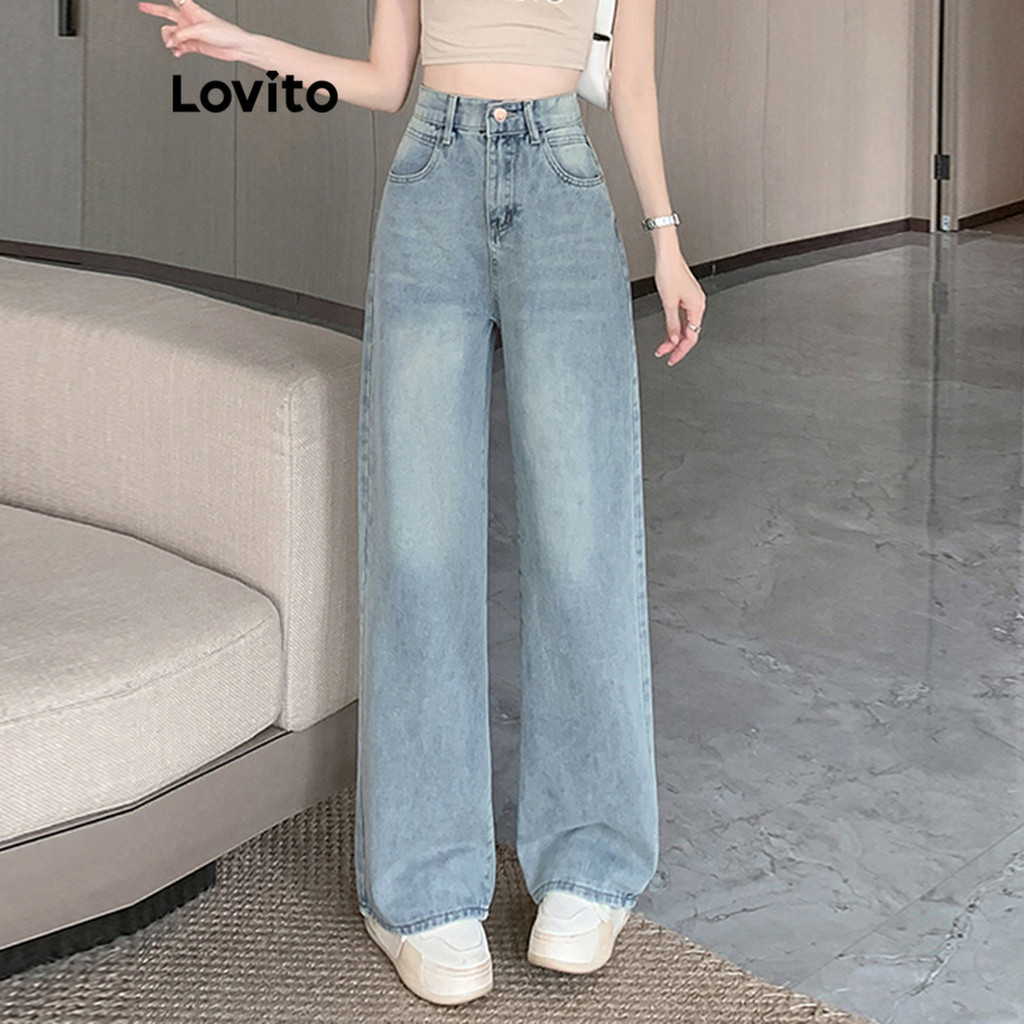 Lovito กางเกงยีนส์ผู้หญิง ผ้าฟอก สีพื้น สไตล์ลำลอง LNE64072