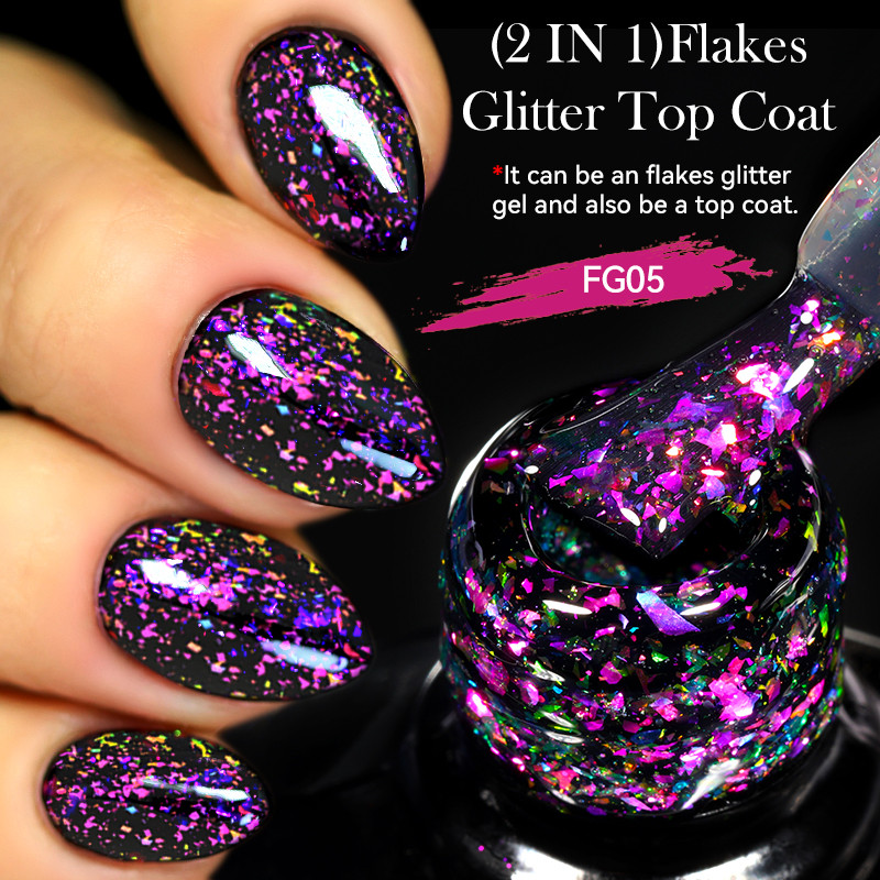 Ur SUGAR 2 IN 1 Flakes Glitter No Wipe Top Coat Gel Polish Sparking Gel UV/LED Soak Off กึ่งถาวรเคลือบเงา