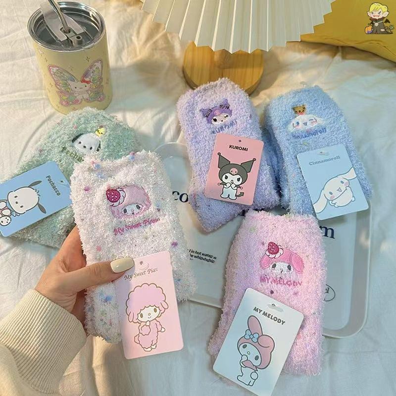 [CL] Kawaii น่ารัก Sanrio Kuromi Mymelody Cinnamoroll ฤดูหนาว Coral ขนแกะกลางหลอดถุงเท้าถุงเท้าชั้นอุ่นถุงน่อง TH