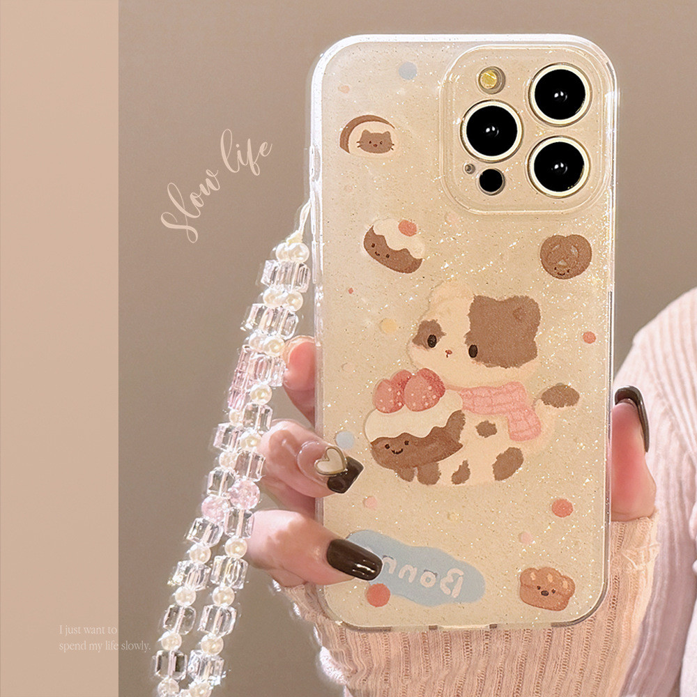 ใสแวววาวสีน้ําตาลลูกแมวเค้กผสมหมีคริสตัลมุกสายโทรศัพท์ป้องกันเคสโทรศัพท์tpuสําหรับapple iphone 11 12 13 14 15 16 pro max plus