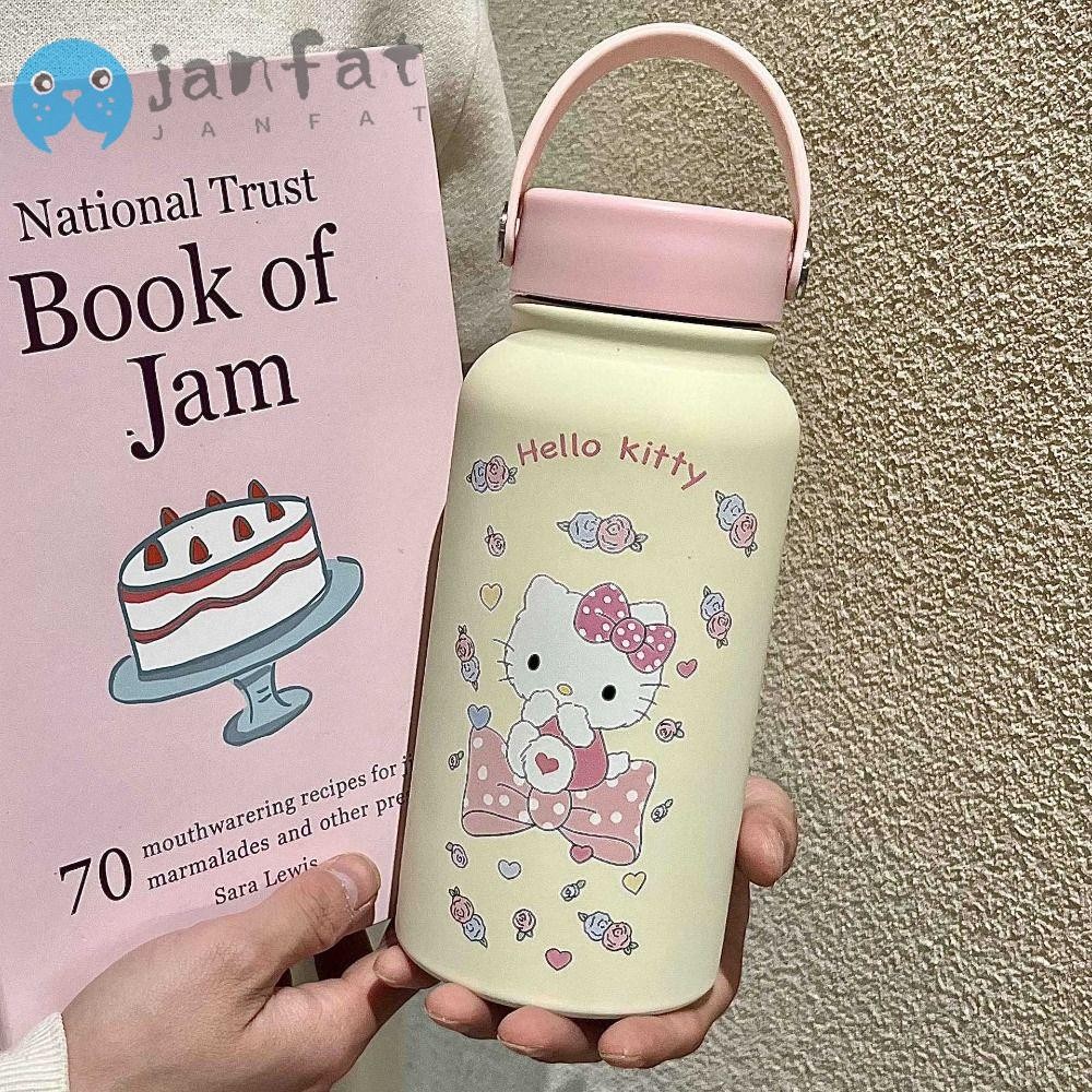 Janfat ถ้วยสูญญากาศ, ขวดน้ําฉนวนผีเสื้อสีฟ้าสแตนเลส, ถ้วยรถเก็บความร้อน Hello Kitty 900 มล. น่ารัก