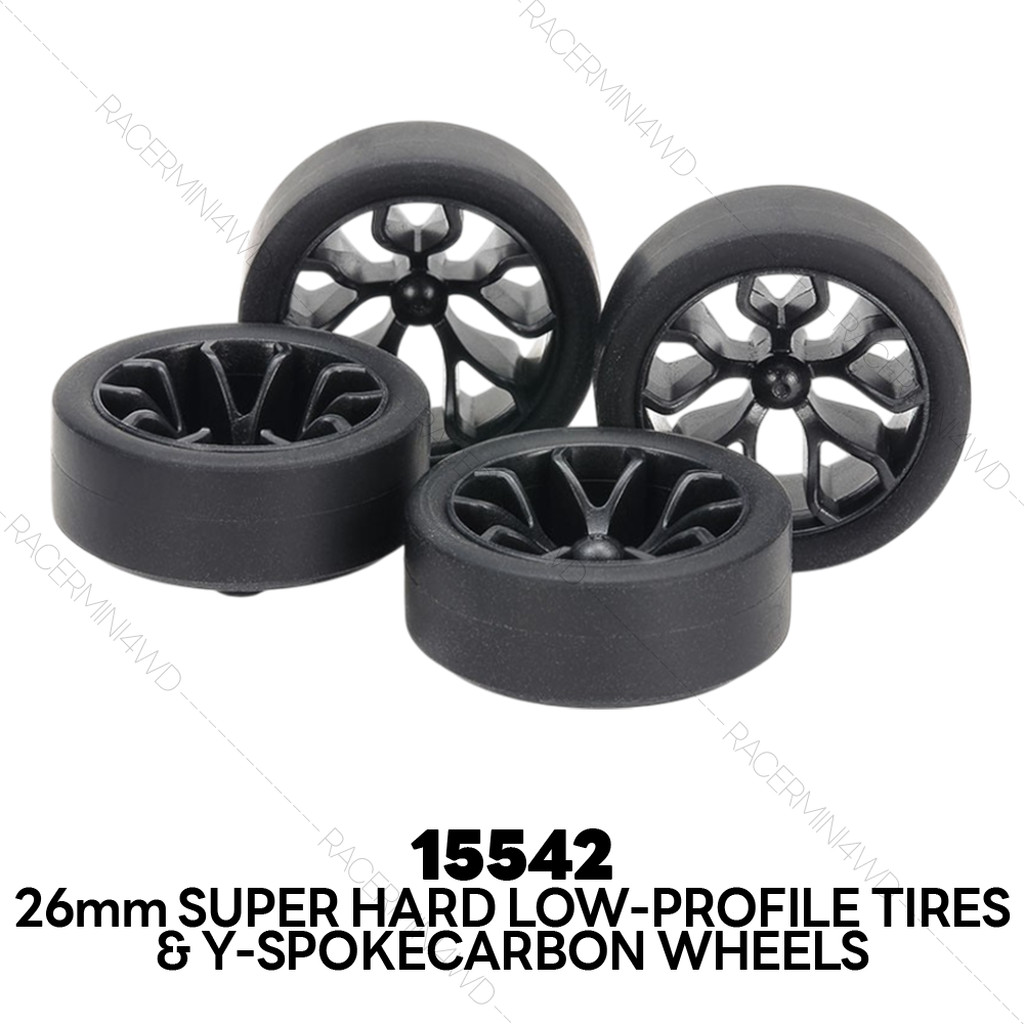 TAMIYA MIni 4WD 26mm Super Hard Low-Profile Tires & Y-Spoke Carbon Wheels 15542