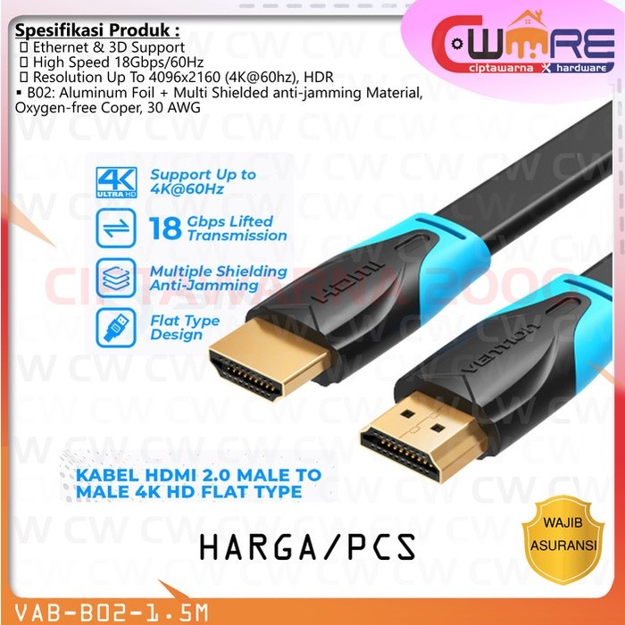 Vention สาย hdmi b02 1.5 ม. ความเร็วสูง ver2.0 4k fhd 1080p 3d hdr Cw2H