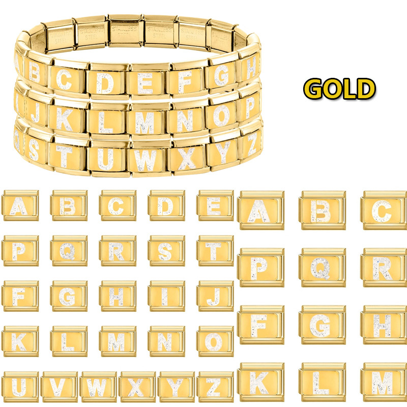 Gold สี Y2K 26 ตัวอักษรภาษาอังกฤษ AZ Charm เครื่องประดับอิตาเลี่ยน Links Fit 9 มม.สแตนเลสแฟชั่นสร้อยข้อมือ DIY ทํา