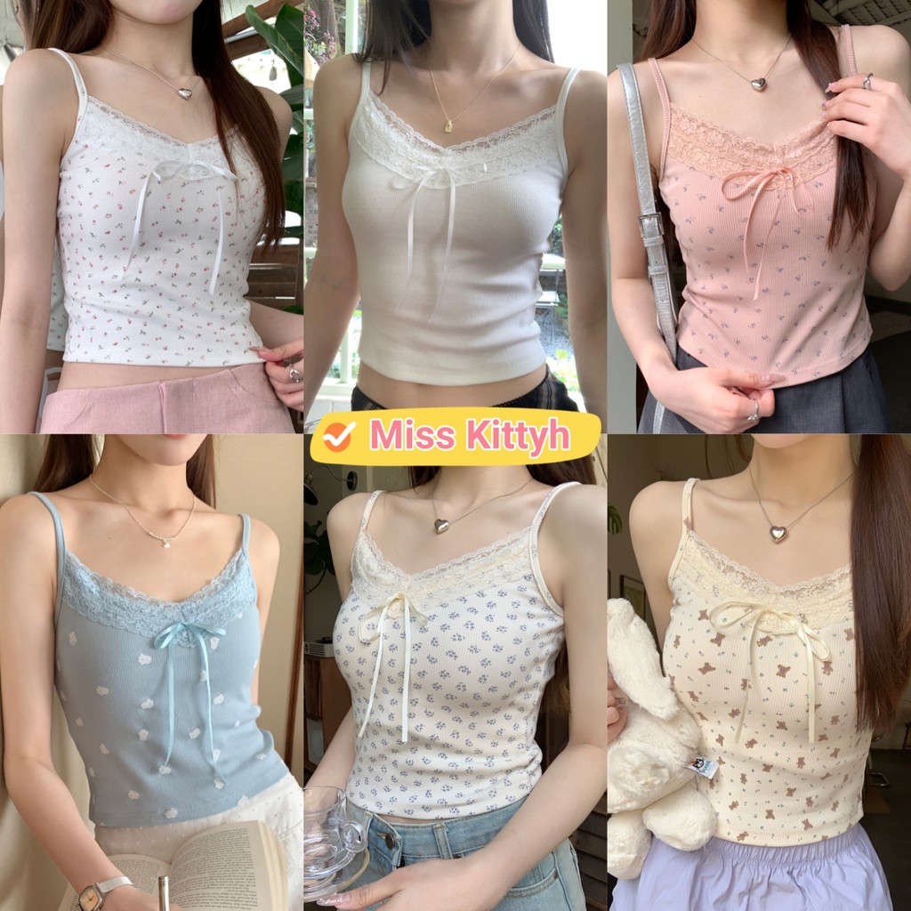 🎀Miss Kitty❤️​พร้อมส่ง เสื้อสายเดี่ยว มีฟองน้ำลายแบ๊วๆ ฟิลคาวาอี้ สีพาสเทล "FYH342"