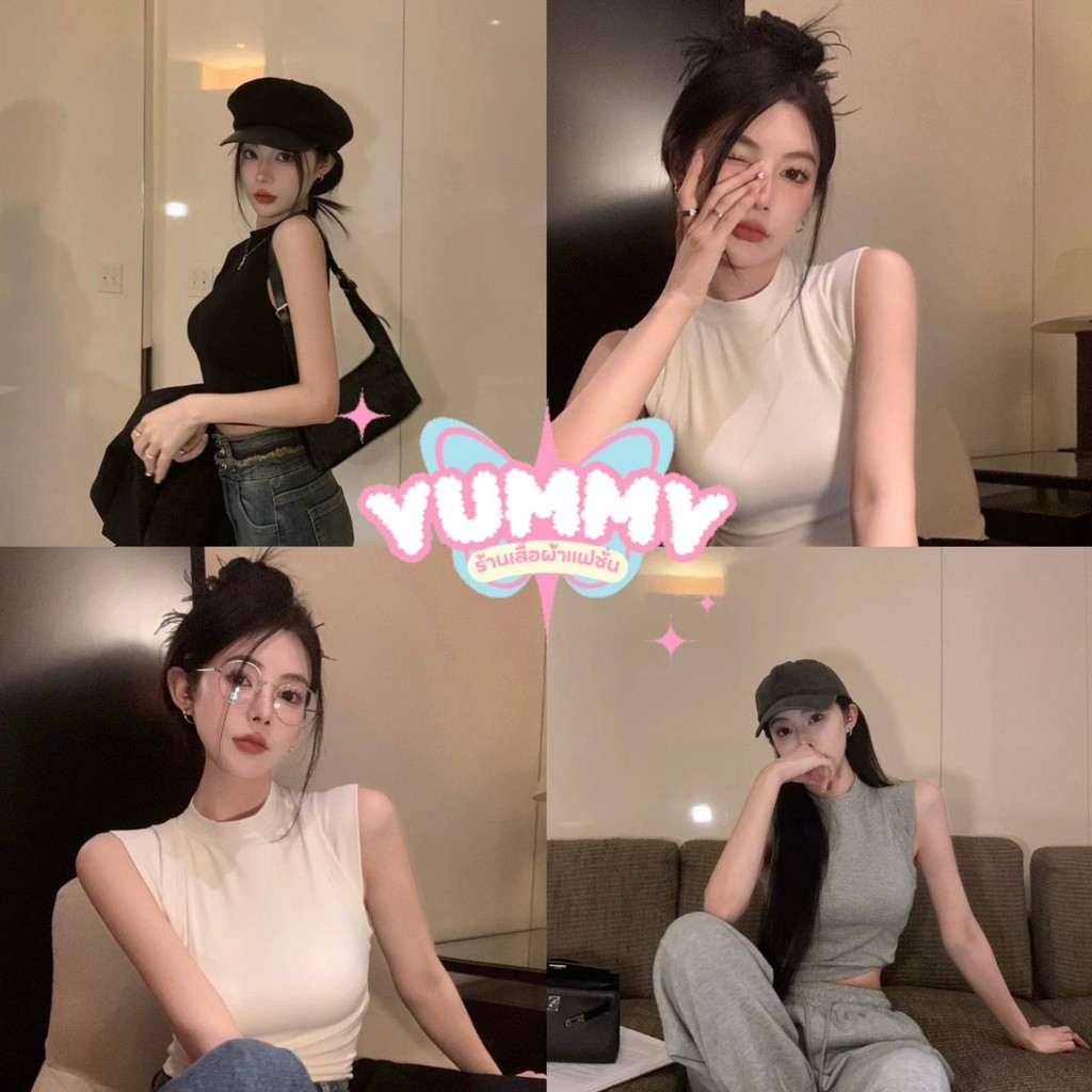 🎀Yummy Shop🎀พร้อมส่ง (03052) เสื้อกล้ามไหมพรม คอกลม ดีเทลแต่งเพิ่มแขนน่ารัก
