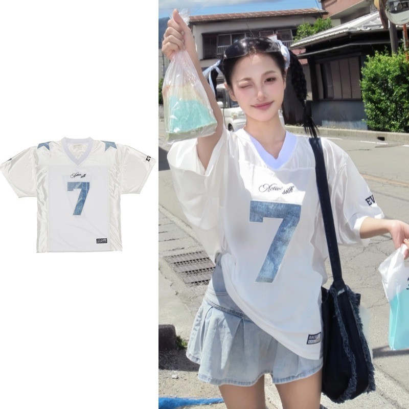 SUIKONE ซุยโคเนะ อเมริกันย้อนยุคหมายเลข 7 เสื้อเจอร์ซีย์ ฤดูร้อนผู้ชายและผู้หญิงตาข่ายหลวมกีฬาเสื้อยืดแขนสั้น