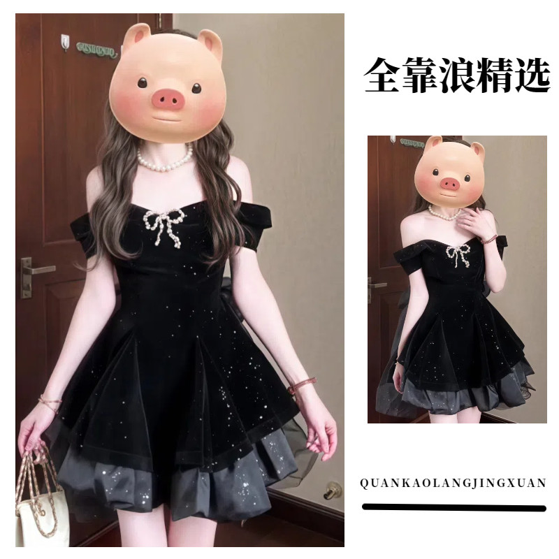 High-End French Summer Premium Black Dress แคบ-เอว Bow-Knot Puffy กระโปรง Bright Daug