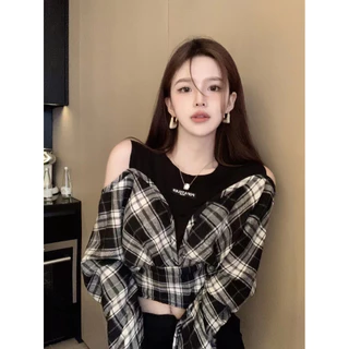 ชุดเสื้อเชิ้ตแขนยาวลายตารางสำหรับผู้หญิง แบบสองชิ้น คอวี ลายเย็บปะติดปะต่อ ฤดูใบไม้ร่วง สไตล์ ABTG APLW