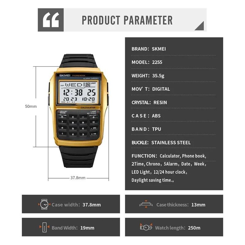 Skmei 2255 นาฬิกาข้อมือบุรุษดิจิตอล Dual Time กีฬานาฬิกากันน้ําสําหรับผู้ชายนับถอยหลัง Casual โทรศัพท์หนังสือ Montre Homme 1960