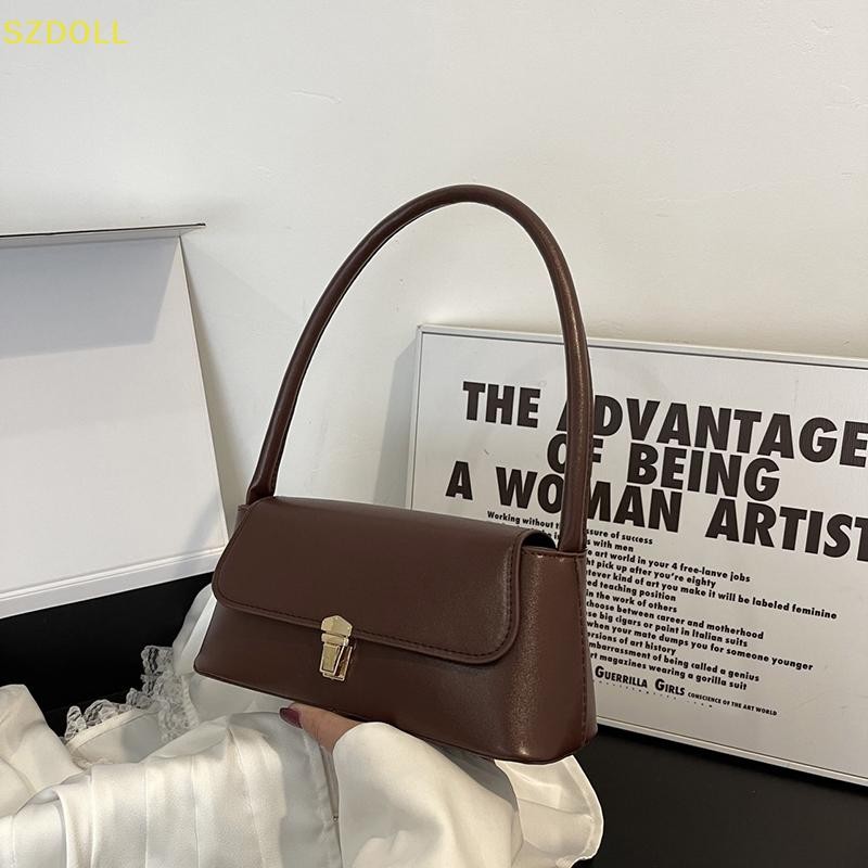 [cxSZDOLLA] Women Retro Tote Bagอินเทรนด์VINTAGE Underarm Bag Portable Casual PU Leather Solid Color Simple Handle Handbags Shoulder Bag DOM
