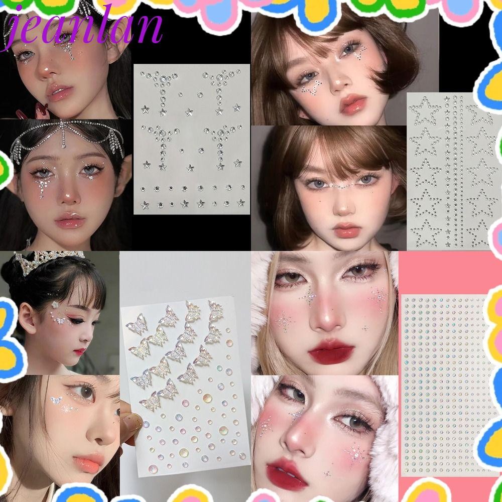 สติ๊กเกอร์พลอย JEANLAN, ดอกไม้ผีเสื้อ Stars Hearts Body แต่งหน้าสติกเกอร์เครื่องประดับ, Shinny กาวตกแต่งใบหน้าสติกเกอร์อายแชโดว์ปาร์ตี้วันหยุด
