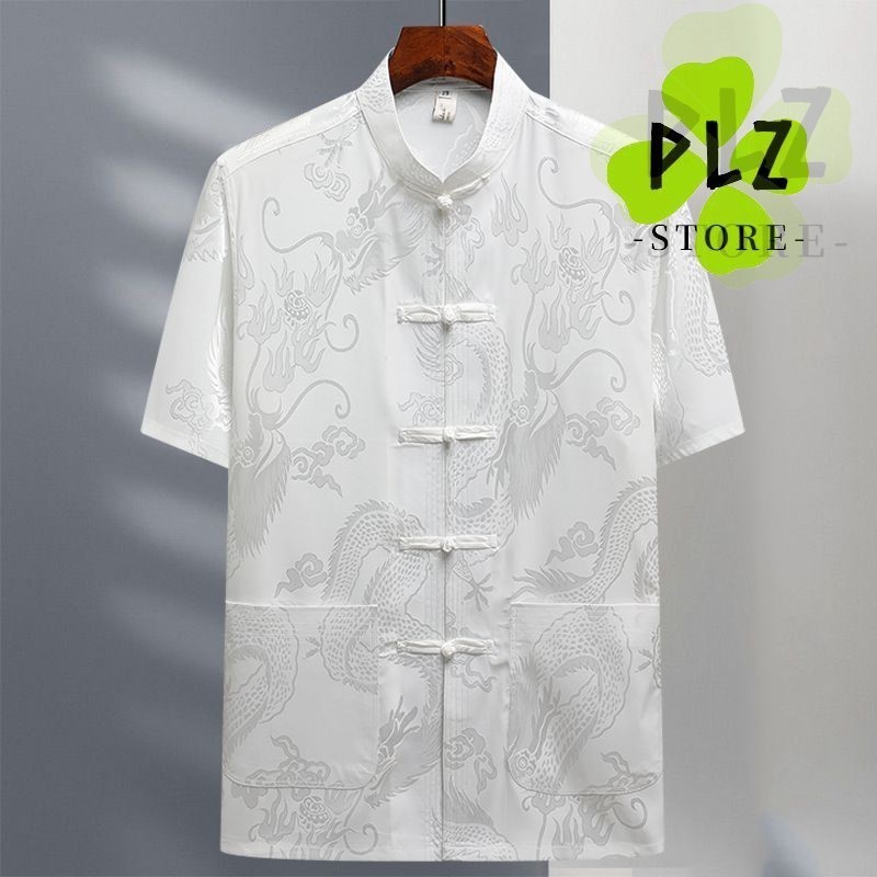 สไตล์ใหม่ Dark Dragon รูปแบบหัวเข็มขัดสไตล์ Tang ชุดผ้าไหมน้ําแข็งเสื้อแจ็คเก็ตเสื้อผู้ชายผู้หญิงอินเทรนด์ Hanfu 中heurum ชายสั้นสั้นสั้นสั้นสั้น-เสื้อผ้าและหลวม Dian เสื้อเชิ้ตผู้ชาย - รูปที่ 3