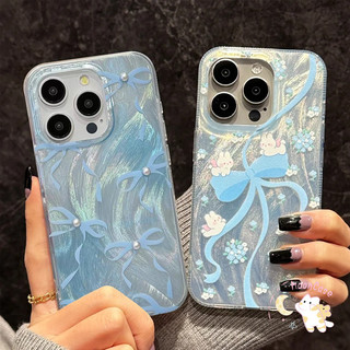สีน้ำเงิน โบว์ เคสไอโฟน11 สำหรับ IPhone 16 15 11 13 12 14 Pro Max 8Plus 7Plus XR X XS Max 8 7 Plus SE ลูกผสม หรูหรา เคส